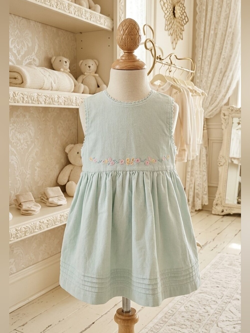 Miniwear Mint Green Corduroy Baby Dress with Floral Embroidery Sz 18M
